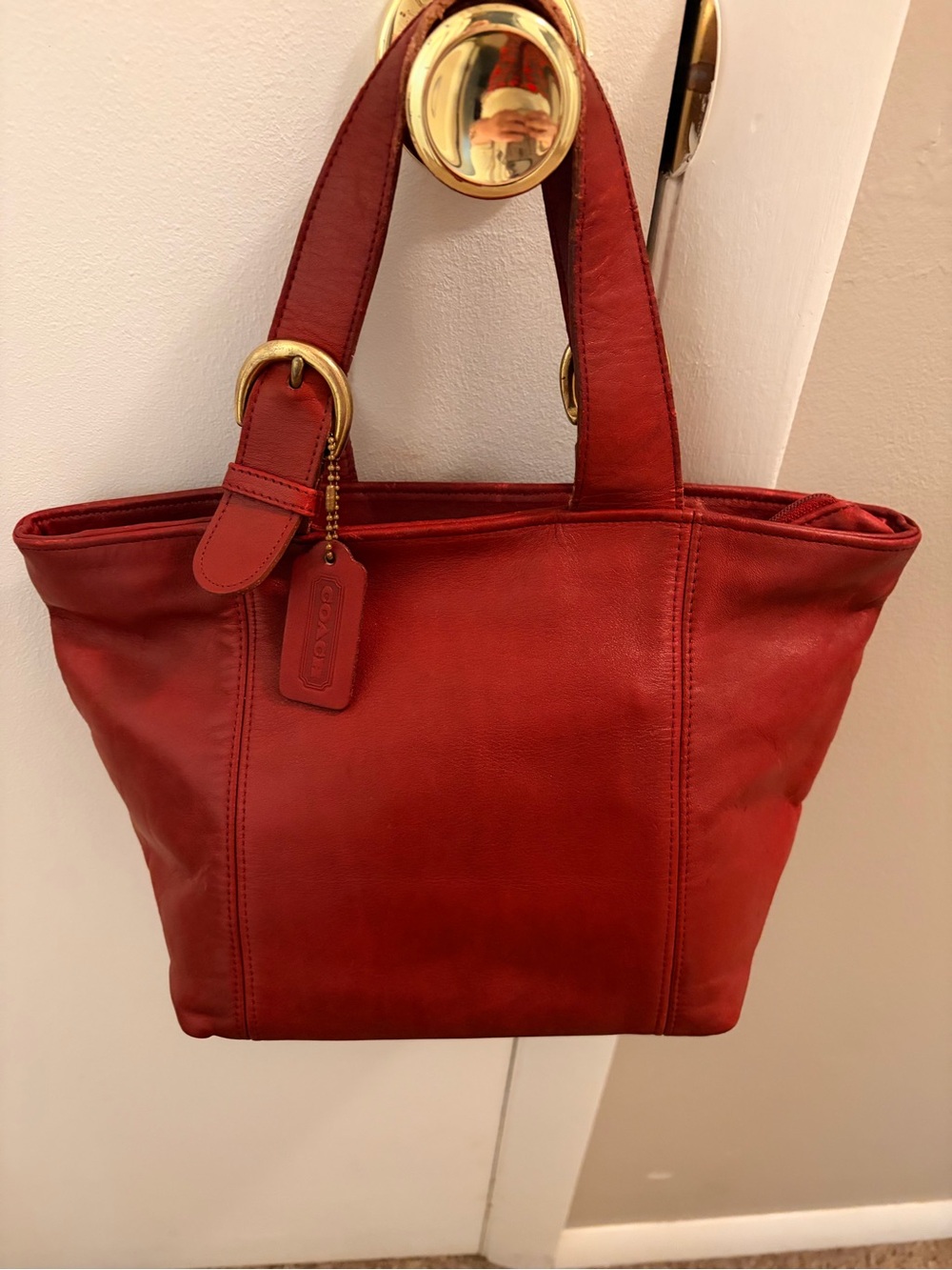 Vintage Coach Red Leather Waverly Handbag Tote Bag Brass Buckle 4133 90s USA